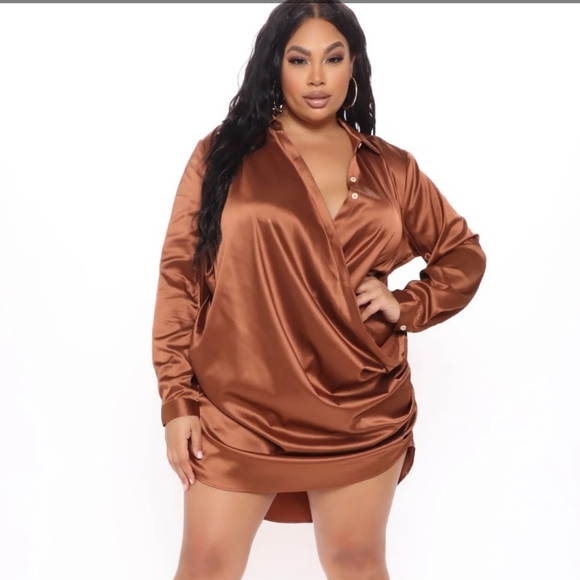 NWOT 🔥 Fashion Nova Satin Draped Shirt Dress Women's Size 2X Brown - Picture 1 of 10